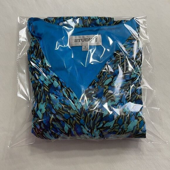 Studio I Blue Printed Ruched & Buckle Waistband Dress Sz 6 - Picture 16 of 16